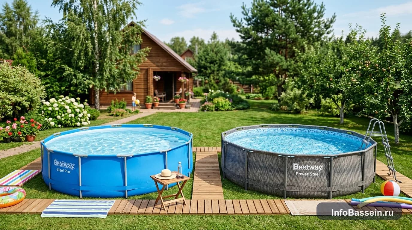 Сравнение каркасных бассейнов Bestway Steel Pro и Power Steel на дачном участке Сравнение каркасных бассейнов Bestway Steel Pro и Power Steel на дачном участке