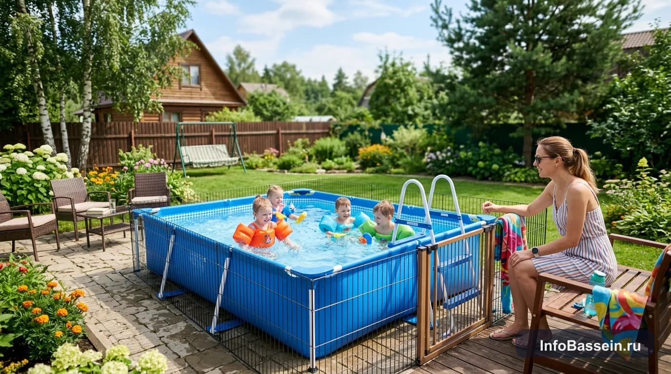Взрослый контролирует купание детей в каркасном бассейне