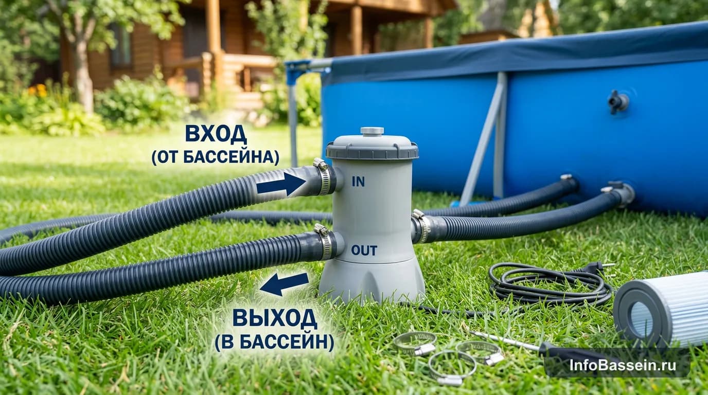 Вход и выход фильтр-насоса каркасного бассейна: куда подключать шланги
