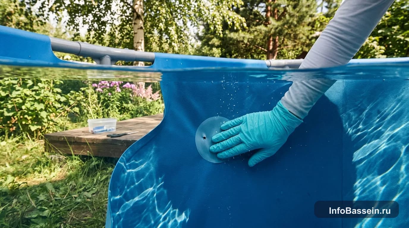 Наклеивание заплатки на прокол каркасного бассейна под водой