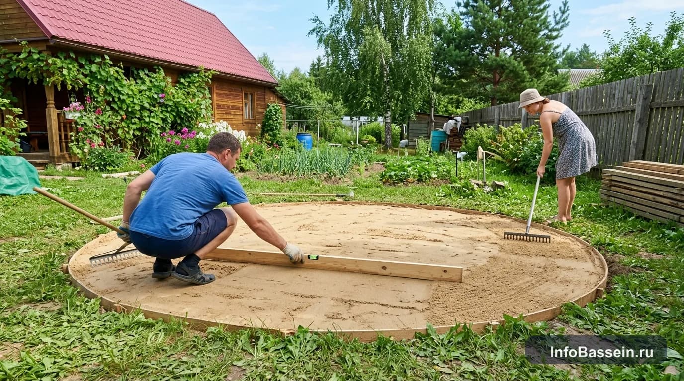 Подготовка ровного основания под каркасный бассейн: песчаная подушка и уровень на даче Подготовка ровного основания под каркасный бассейн: песчаная подушка и уровень на даче