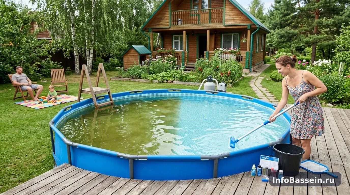Зелёная вода в каркасном бассейне и набор для очистки на даче Зелёная вода в каркасном бассейне и набор для очистки на даче